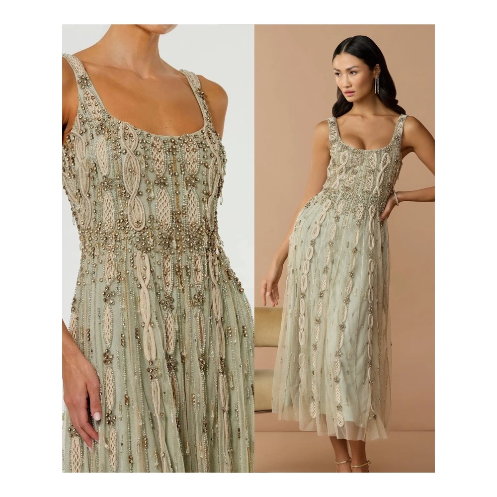 Mac Duggal Green‎ Embellished Mesh Sleeveless Scoop Neck Midi Dress $1,498 Sz 10